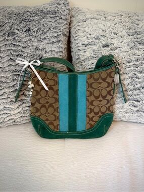 Coach Brown Signature Canvas Shoulder Bag with Teal and Green Suede Trim